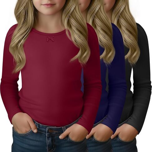 3 Pack Girls Long Sleeve T-Shirts Kids Basic Crew Neck with Bow Soft Layering Tops for Teen Girls, 5-14 Years in Saudi Arabia