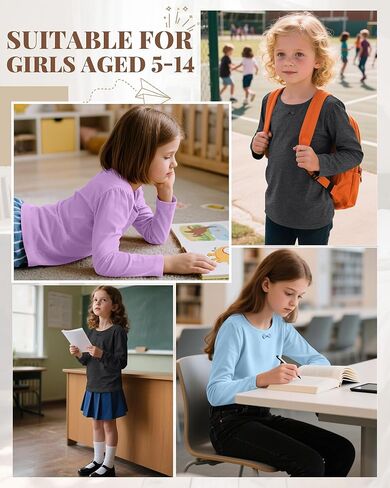 3 Pack Girls Long Sleeve T-Shirts Kids Basic Crew Neck with Bow Soft Layering Tops for Teen Girls, 5-14 Years in Saudi Arabia