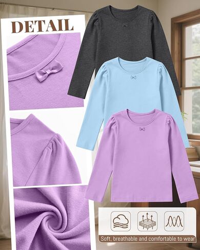 3 Pack Girls Long Sleeve T-Shirts Kids Basic Crew Neck with Bow Soft Layering Tops for Teen Girls, 5-14 Years in Saudi Arabia