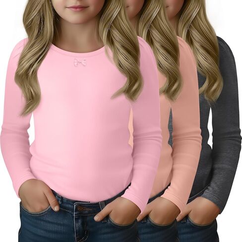 3 Pack Girls Long Sleeve T-Shirts Kids Basic Crew Neck with Bow Soft Layering Tops for Teen Girls, 5-14 Years in Saudi Arabia