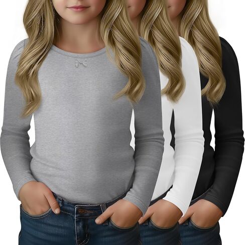 3 Pack Girls Long Sleeve T-Shirts Kids Basic Crew Neck with Bow Soft Layering Tops for Teen Girls, 5-14 Years in Saudi Arabia