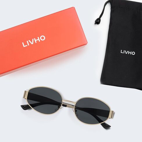 livho Retro Polarized Sunglasses - UV400 Protection, Oval Shape, Metal Frames - Matching Soft Case Inlcuded in Saudi Arabia