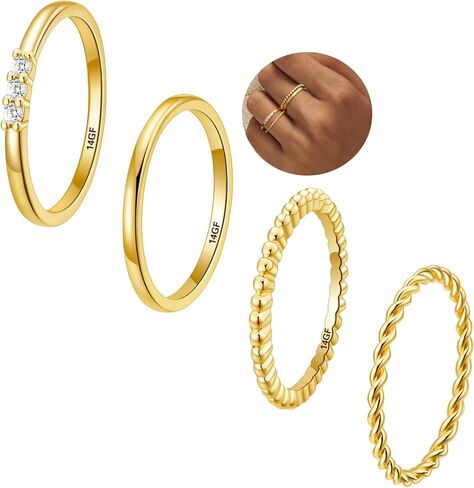 WEDDINEN 4PC Gold Rings for Women, S925 Sterling Silver 14k Gold Filled Plated Stackable Thin Thumb Ring Set Cubic Zirconia Dainty Stack Gold Knuckle Rings Set Size 6-10 in Saudi Arabia