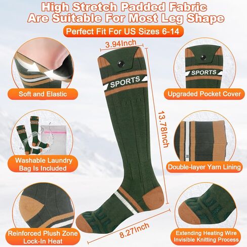 جوارب ساخنة 8000 مللي أمبير للرجال والنساء مع التحكم في التطبيق، بطارية قابلة لإعادة الشحن ذات سعة كبيرة، تسخين 360 درجة، جوارب شتوية كهربائية، تسخين نعل القدم، جهاز تدفئة القدم للتزلج والمشي لمسافات طويلة (أخضر داكن-أصفر) in Kuwait