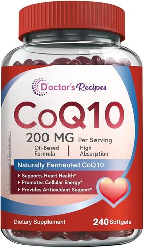 Doctor's Recipes CoQ10 200 مجم لكل وجبة، مكمل الإنزيم المساعد Q10 عالي الامتصاص مع زيت الزيتون، صحة القلب والأوعية الدموية، إنتاج الطاقة ودعم مضادات الأكسدة، كمية تكفي 4 أشهر، 240 كبسولة هلامية in Kuwait