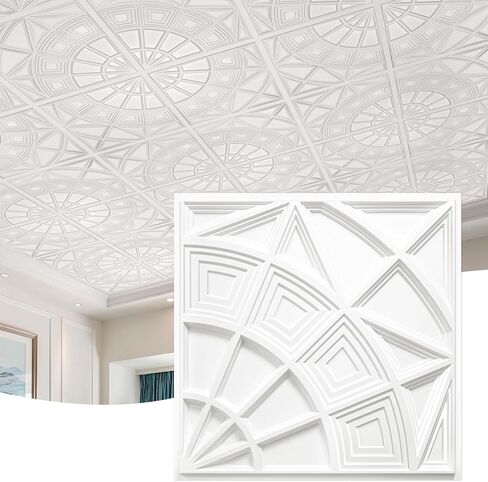 بلاط السقف ثلاثي الأبعاد من STICKGOO مقاس 60.96 سم × 60.96 سم، لوحات PVC ذات ملمس هندسي حديث، مقاومة للماء وقابلة لإعادة التدوير أو بلاط السقف المزخرف للاستخدام المنزلي والتجاري (12 عبوة، أبيض) in Saudi Arabia