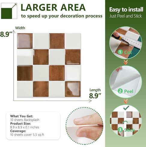STICKGOO 10 Sheets Peel and Stick Backsplash - 9" x 9" 4D Adhesive Peel and Stick Tile Backsplash for Kitchen&Bathroom in Kuwait