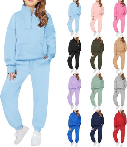 Fleece Sweatsuits for Girls 2 Piece Outfits Tracksuit Half Zip Lapel Collar Thumb Hole Sweatshirts and Sweatpants Jogger Sets in Saudi Arabia