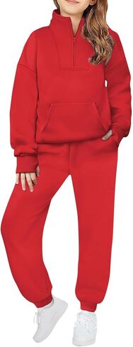 Fleece Sweatsuits for Girls 2 Piece Outfits Tracksuit Half Zip Lapel Collar Thumb Hole Sweatshirts and Sweatpants Jogger Sets in Saudi Arabia