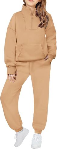 Fleece Sweatsuits for Girls 2 Piece Outfits Tracksuit Half Zip Lapel Collar Thumb Hole Sweatshirts and Sweatpants Jogger Sets in Saudi Arabia