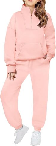 Fleece Sweatsuits for Girls 2 Piece Outfits Tracksuit Half Zip Lapel Collar Thumb Hole Sweatshirts and Sweatpants Jogger Sets in Saudi Arabia