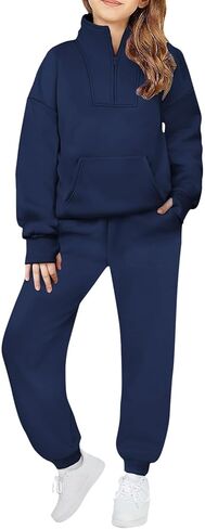 Fleece Sweatsuits for Girls 2 Piece Outfits Tracksuit Half Zip Lapel Collar Thumb Hole Sweatshirts and Sweatpants Jogger Sets in Saudi Arabia