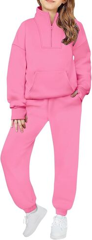 Fleece Sweatsuits for Girls 2 Piece Outfits Tracksuit Half Zip Lapel Collar Thumb Hole Sweatshirts and Sweatpants Jogger Sets in Saudi Arabia