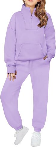 Fleece Sweatsuits for Girls 2 Piece Outfits Tracksuit Half Zip Lapel Collar Thumb Hole Sweatshirts and Sweatpants Jogger Sets in Saudi Arabia