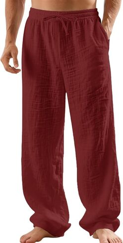 Mens Linen Pants Yoga Beach Loose Fit Casual Summer Elastic Waist Drawstring Baggy Trousers with Pockets in Kuwait