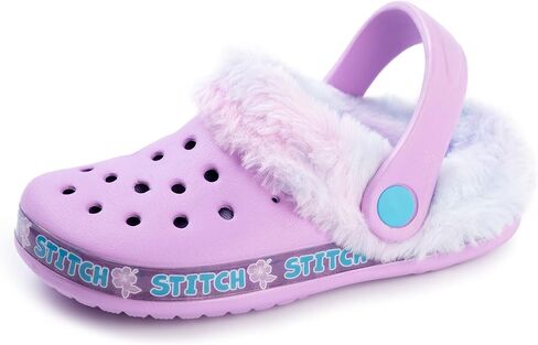 Disney Lilo & Stitch Kids Clogs | Purple Rubber Slip-Ons with Stitch Charm | Childrens Fur-Lined Sandal Slides in Saudi Arabia
