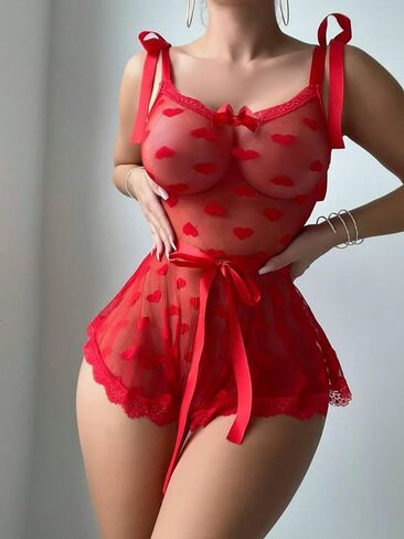 Women's Mesh Sheer Teddy Lingerie Bodysuit Heart Print Mesh Sheer One Piece in Saudi Arabia