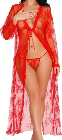 Famstar See Through Boudoir Sexy Lace Lingerie Sets Dress Bridal Robes for Women Printed Tunic Blouse Mesh Wedding Gowns in Kuwait