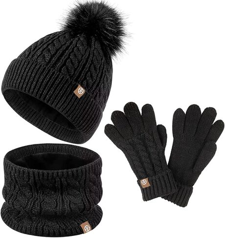 Beanie Hat Scarf Gloves Set for Kids Boys Girls Knitted Gloves Neck Warmer Winter Hat With Pom 4-12 Years in Saudi Arabia