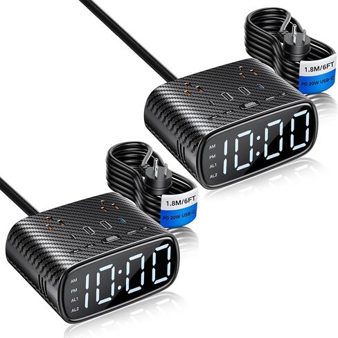 XBA Digital Alarm Clock with 20W USB C Ports, Dual Alarm Clock Power Strip with 2 AC Outlets, 4 USB Charging Ports, Dimmable Snooze Desk Clock with 6FT Cords for Bedrooms,Travel, Black in Saudi Arabia