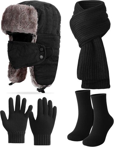 4 قطعة قبعة الصياد الشتوية وشاح قفازات جورب مجموعة للرجال الدافئة الفراء لينة Ushanka قبعة مع قابل للتعديل إيرفلاب قناع الوجه in Kuwait