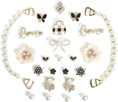 24pcs Bling Cute Shoe Charms for Women,Flower,Butterfly,Cub,Pearl Chain,Sparkle Rhinestones Pearl Shoe Decoration Charms,DIY Shoe Accessories for Party Favor in Saudi Arabia
