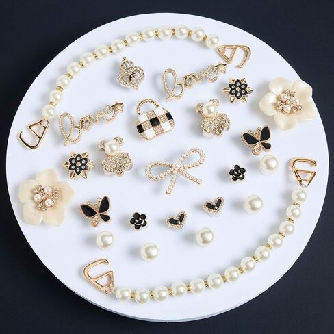24pcs Bling Cute Shoe Charms for Women,Flower,Butterfly,Cub,Pearl Chain,Sparkle Rhinestones Pearl Shoe Decoration Charms,DIY Shoe Accessories for Party Favor in Saudi Arabia