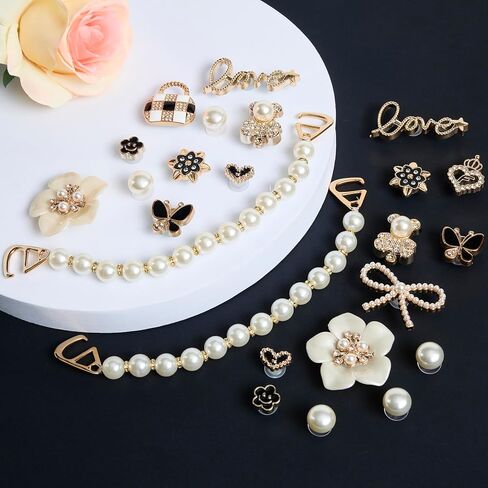 24pcs Bling Cute Shoe Charms for Women,Flower,Butterfly,Cub,Pearl Chain,Sparkle Rhinestones Pearl Shoe Decoration Charms,DIY Shoe Accessories for Party Favor in Saudi Arabia