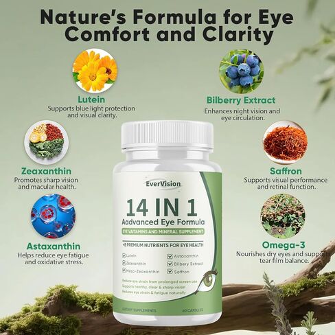 Evervision 14 in 1 Advanced Eye Formula, Eye Vitamin and Mineral Supplement with Zinc, Lutein, Zeaxanthin & Bilberry Extract, 60 Capsules (1) in Saudi Arabia
