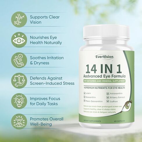 Evervision 14 in 1 Advanced Eye Formula, Eye Vitamin and Mineral Supplement with Zinc, Lutein, Zeaxanthin & Bilberry Extract, 60 Capsules (1) in Saudi Arabia