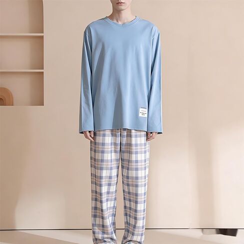 Men's Light Blue Long Sleeve Pajama Set Plaid Pants Soft Home Loungewear in Saudi Arabia