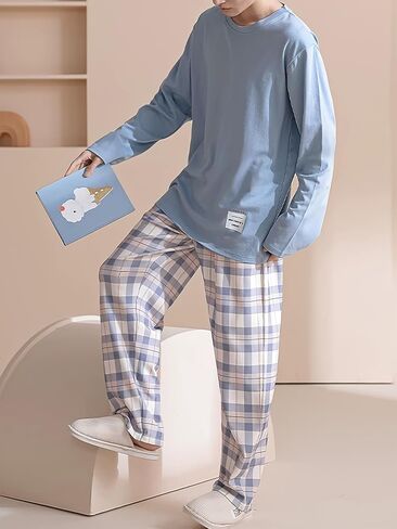Men's Light Blue Long Sleeve Pajama Set Plaid Pants Soft Home Loungewear in Saudi Arabia