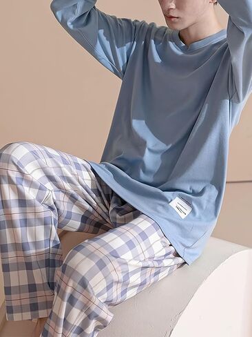 Men's Light Blue Long Sleeve Pajama Set Plaid Pants Soft Home Loungewear in Saudi Arabia