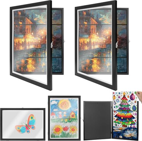 Navaris Kids Wooden Art Project Frames, 2 Pack, A4 Size - Changeable Children's Framed Artwork Display with Front Opening - Drawing, Picture, and Photo Storage Frame - Black in Saudi Arabia