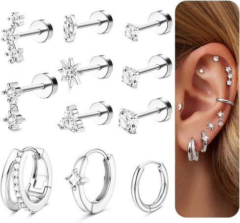 FUNRUN JEWELRY Cartilage Earrings for Women - 14K Gold Plated Flat Back Earrings Hypoallergenic Surgical Stainless Steel Stud Hoop Cartilage Earring Set 20G Helix Piercing Jewelry | Single in Saudi Arabia