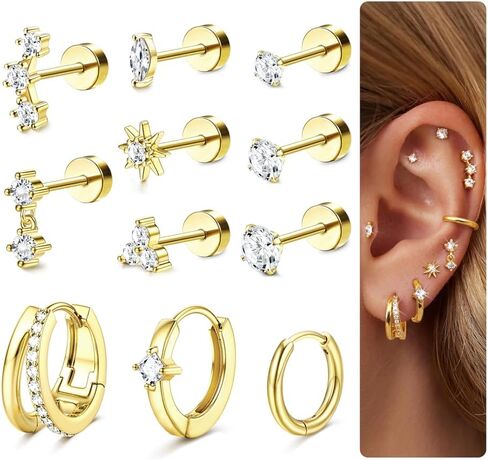 FUNRUN JEWELRY Cartilage Earrings for Women - 14K Gold Plated Flat Back Earrings Hypoallergenic Surgical Stainless Steel Stud Hoop Cartilage Earring Set 20G Helix Piercing Jewelry | Single in Kuwait