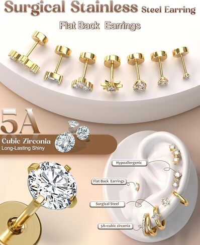 FUNRUN JEWELRY Cartilage Earrings for Women - 14K Gold Plated Flat Back Earrings Hypoallergenic Surgical Stainless Steel Stud Hoop Cartilage Earring Set 20G Helix Piercing Jewelry | Single in Saudi Arabia