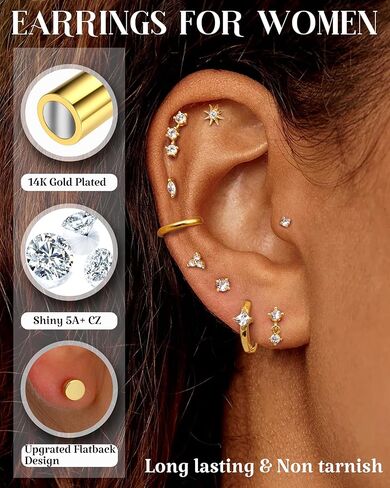 FUNRUN JEWELRY Cartilage Earrings for Women - 14K Gold Plated Flat Back Earrings Hypoallergenic Surgical Stainless Steel Stud Hoop Cartilage Earring Set 20G Helix Piercing Jewelry | Single in Saudi Arabia