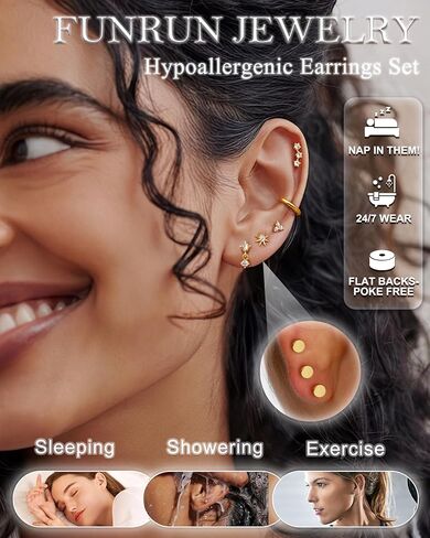 FUNRUN JEWELRY Cartilage Earrings for Women - 14K Gold Plated Flat Back Earrings Hypoallergenic Surgical Stainless Steel Stud Hoop Cartilage Earring Set 20G Helix Piercing Jewelry | Single in Saudi Arabia