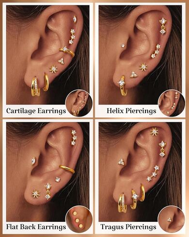 FUNRUN JEWELRY Cartilage Earrings for Women - 14K Gold Plated Flat Back Earrings Hypoallergenic Surgical Stainless Steel Stud Hoop Cartilage Earring Set 20G Helix Piercing Jewelry | Single in Saudi Arabia