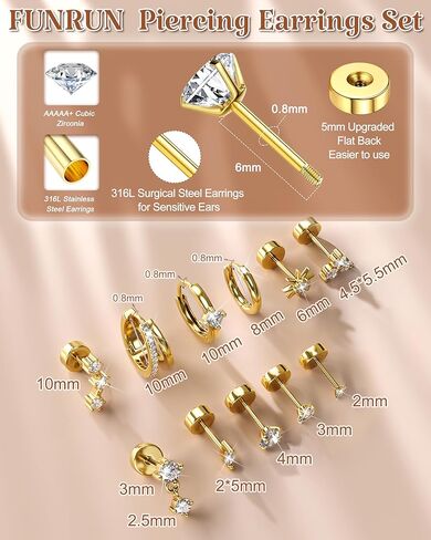 FUNRUN JEWELRY Cartilage Earrings for Women - 14K Gold Plated Flat Back Earrings Hypoallergenic Surgical Stainless Steel Stud Hoop Cartilage Earring Set 20G Helix Piercing Jewelry | Single in Saudi Arabia