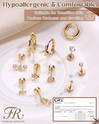 FUNRUN JEWELRY Cartilage Earrings for Women - 14K Gold Plated Flat Back Earrings Hypoallergenic Surgical Stainless Steel Stud Hoop Cartilage Earring Set 20G Helix Piercing Jewelry | Single in Saudi Arabia