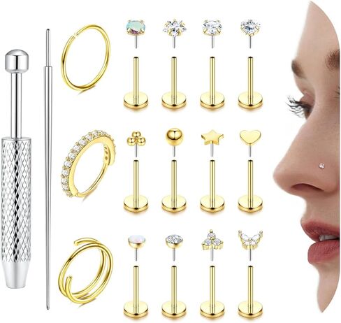 THUNARAZ 14K Gold Nose Rings Studs for Women Men Surgical Steel Threadless Push in Nose Piercings Flat Back Hypoallergenic Gold Nose Ring Hoop Stud Cartilage Tragus Conch Lip Helix Piercing Jewelry Gold/Silver 18G 20G in Saudi Arabia