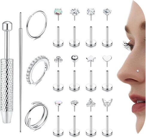THUNARAZ 14K Gold Nose Rings Studs for Women Men Surgical Steel Threadless Push in Nose Piercings Flat Back Hypoallergenic Gold Nose Ring Hoop Stud Cartilage Tragus Conch Lip Helix Piercing Jewelry Gold/Silver 18G 20G in Saudi Arabia