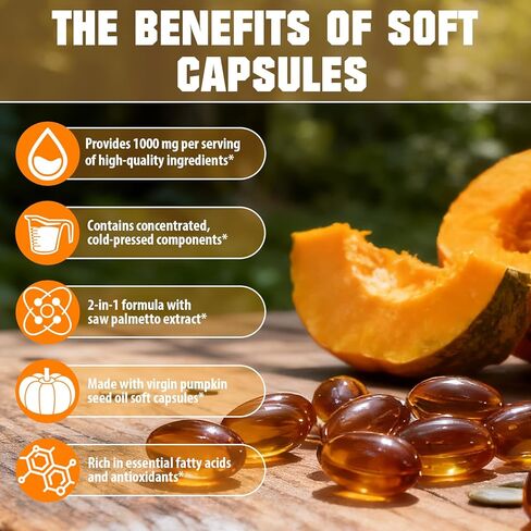 زيت بذور اليقطين SXOSXO مع كبسولات هلامية منشارية بالميتو | مستخلص بذور اليقطين لنمو الشعر وصحة المثانة والبروستاتا | بكر نقي ومعصور على البارد، 1000 مجم، 120 كبسولة هلامية in Kuwait