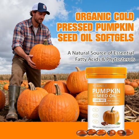 زيت بذور اليقطين SXOSXO مع كبسولات هلامية منشارية بالميتو | مستخلص بذور اليقطين لنمو الشعر وصحة المثانة والبروستاتا | بكر نقي ومعصور على البارد، 1000 مجم، 120 كبسولة هلامية in Kuwait