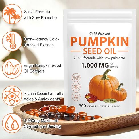 Pumpkin Seed Oil with Saw Palmetto Capsules, 300 Softgels Cold Pressed, Pure Virgin Oil, Essential Fatty Acids & Phytosterols, Supports Hair, Urinary, Bladder & Prostate Health, Dietary Supplement in Saudi Arabia