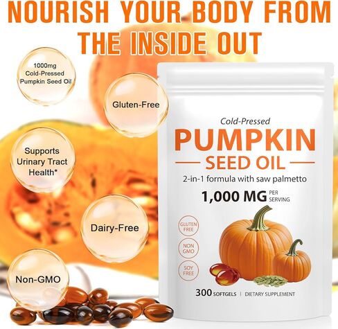 Pumpkin Seed Oil with Saw Palmetto Capsules, 300 Softgels Cold Pressed, Pure Virgin Oil, Essential Fatty Acids & Phytosterols, Supports Hair, Urinary, Bladder & Prostate Health, Dietary Supplement in Saudi Arabia