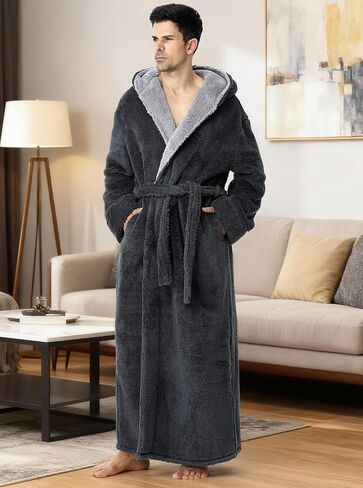 Artfasion Mens Hooded Plush Robe: Fluffy Long Spa Bathrobe Fleece Warm Shower Bath Robes House Coat for Winter Gifts in Saudi Arabia