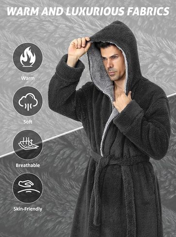 Artfasion Mens Hooded Plush Robe: Fluffy Long Spa Bathrobe Fleece Warm Shower Bath Robes House Coat for Winter Gifts in Saudi Arabia